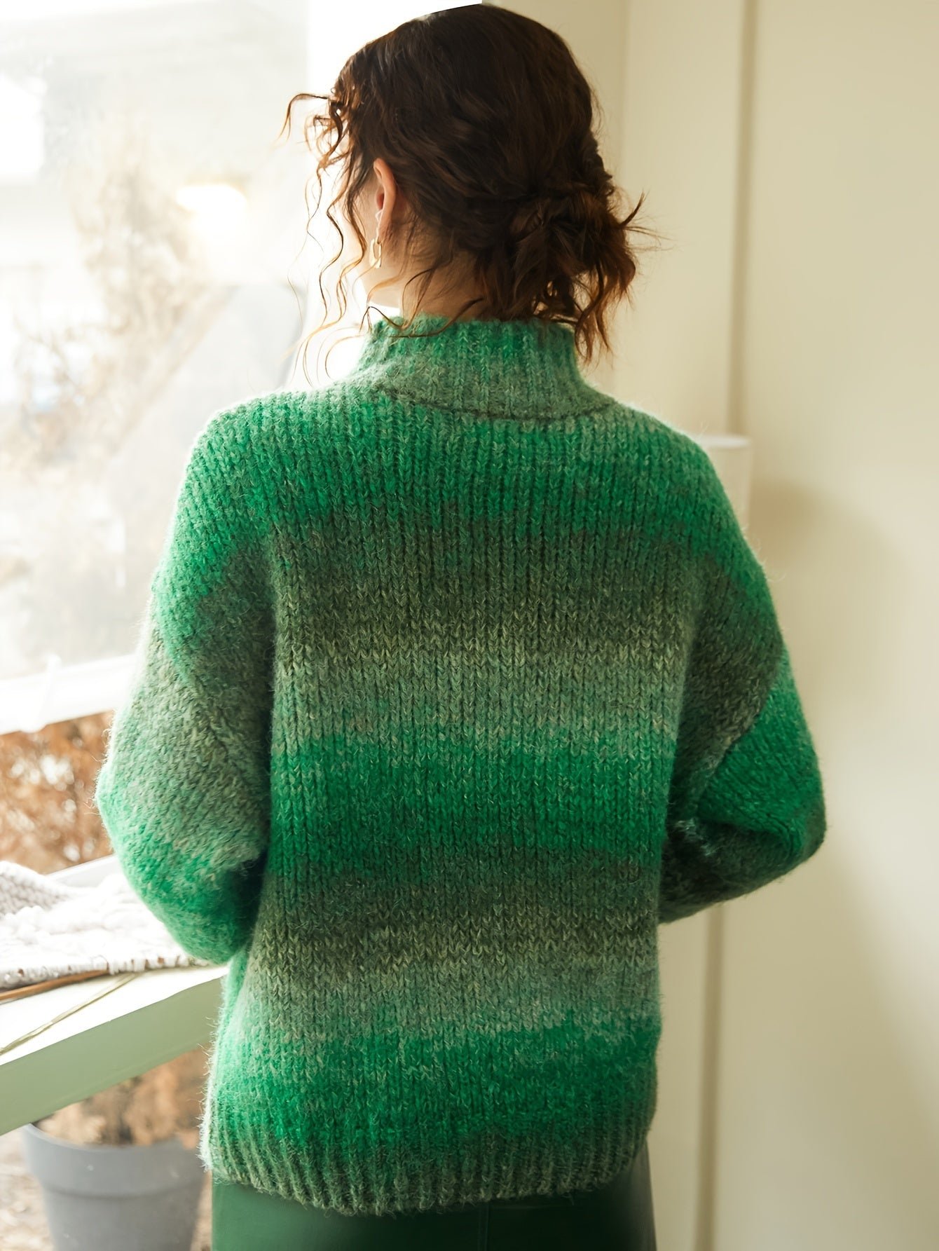 Color Block Drop Shoulder Sweater, Casual Turtle Neck Long Sleeve Sweater For Fall & Winter, Women's Clothing