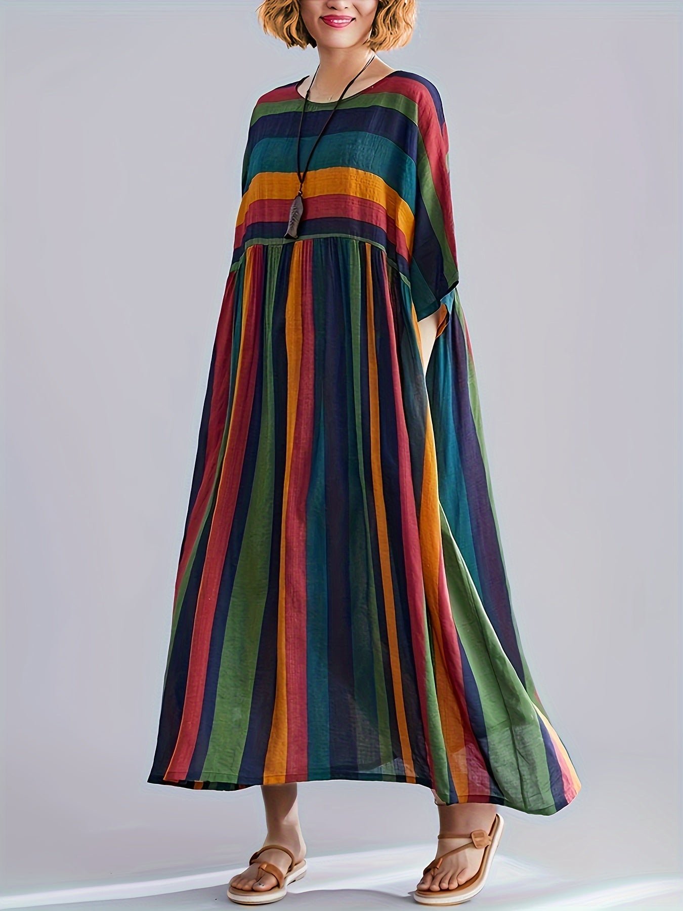 4f83eefb-00da-4273-84bb-80da97558fa0-1 Plus Size Colorblock Stripe Print Loose Dress, Casual 3/4 Sleeve Dress For Spring & Summer, Women's Plus Size Clothing