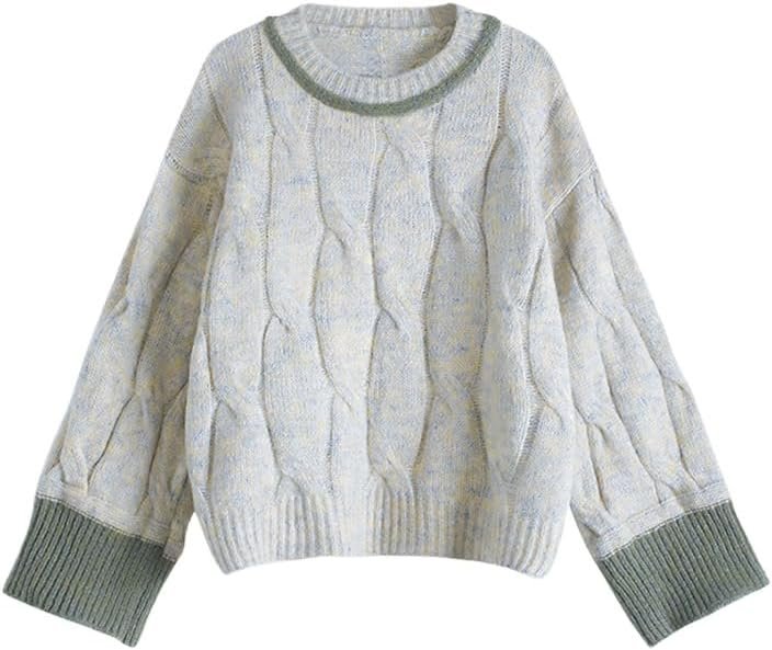 51bE78JjOwL._AC_SL1020 Women Autumn/Winter Korean Fashion Vintage O-Neck Jumper Long Sleeve Thick Knitwear Contrast Color Warm Cozy Sweater