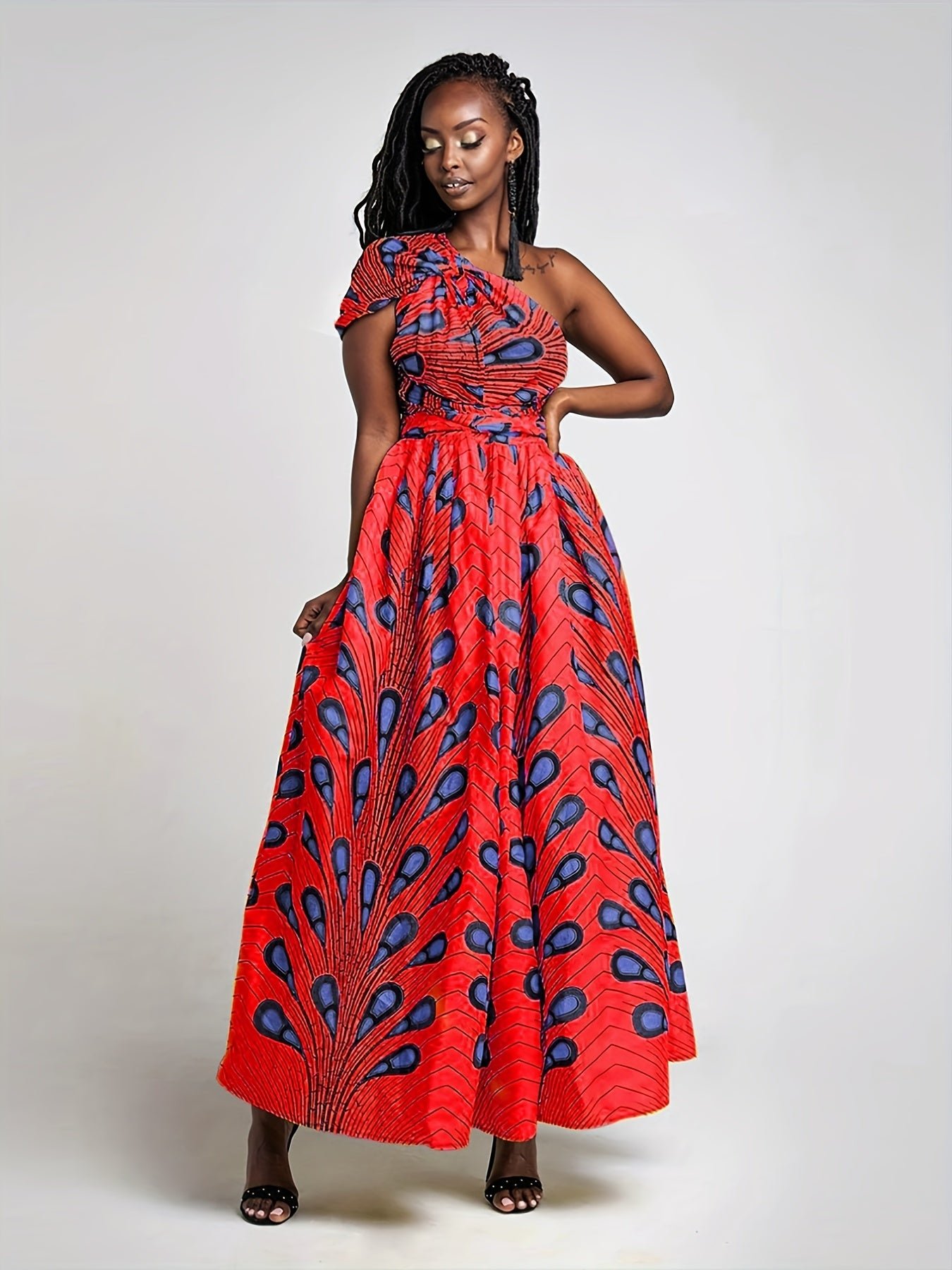 Abstract Print Split Thigh Dress, Boho Plunging High Waist Maxi Dress, Women's Clothing