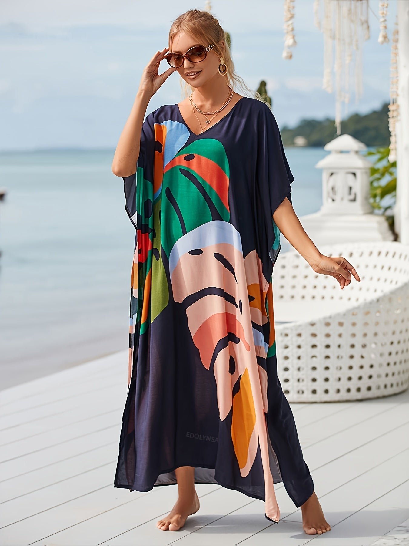 56678e7a547a5831d10dc9605bf01e97 Plus Size Vacay Dress, Women's Plus Leaf Print Bat Sleeve V Neck Split Hem Cover Up Maxi Dress