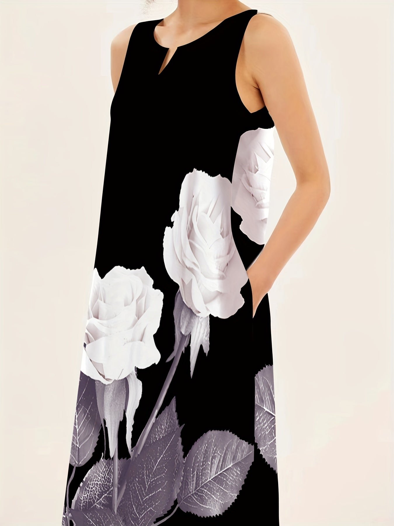 5899e3a0fbe125869e39a63cfcd9d40a-1 Floral Print Maxi Dress, Notched Neck Sleeveless Casual Dress For Summer & Spring, Women's Clothing