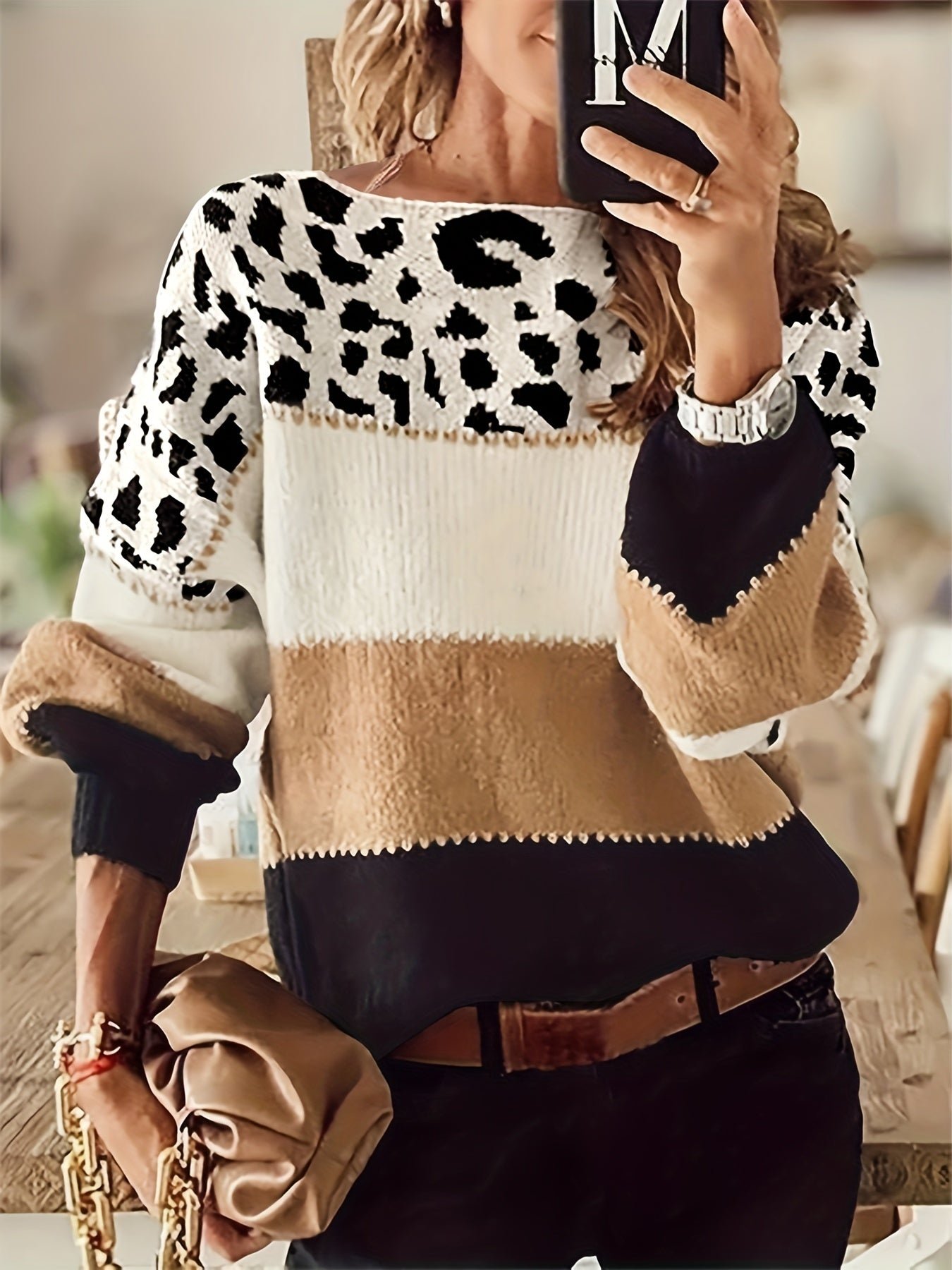59796b91de48835b69f5cec8a6f2515e-1 Stylish Color Block Leopard Print Sweater, Crew Neck Long Sleeve Sweater, Casual Tops For Fall & Winter, Women's Clothing