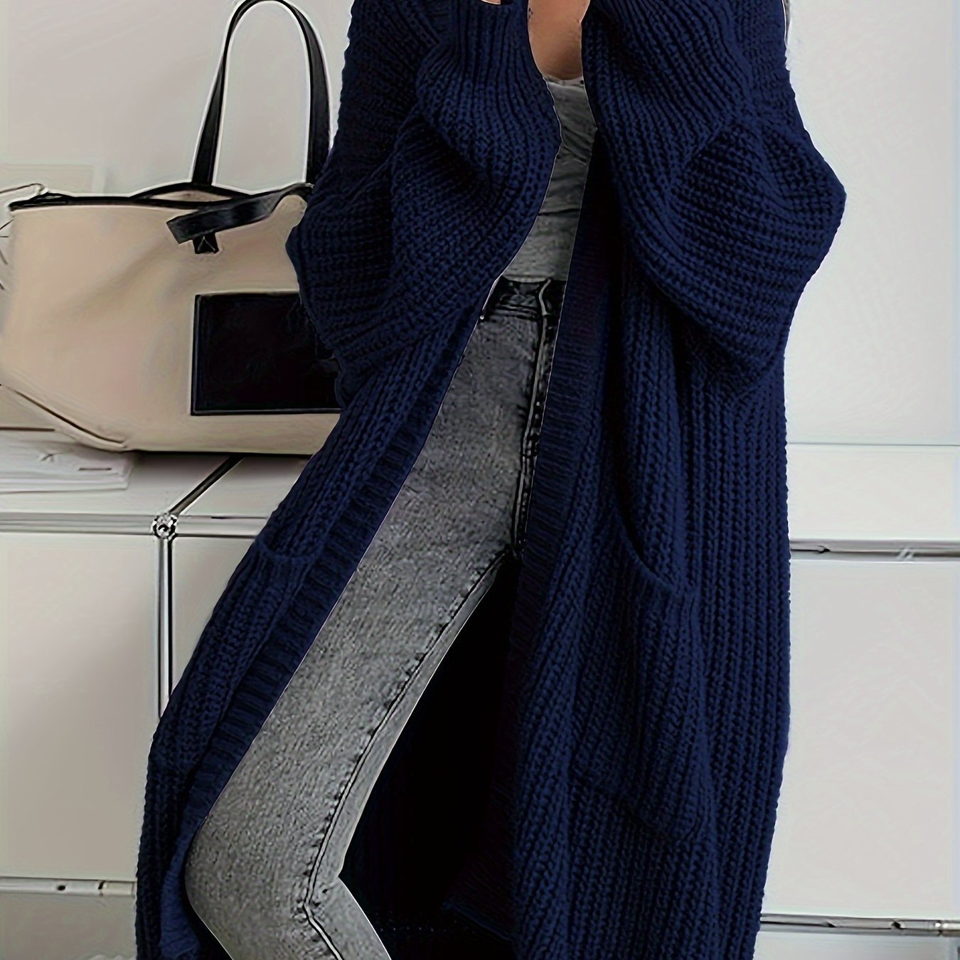 Solid Color Open Front Knitted Cardigan, Casual Long Sleeve Long Length Cardigan For Spring & Fall, Women's Clothing