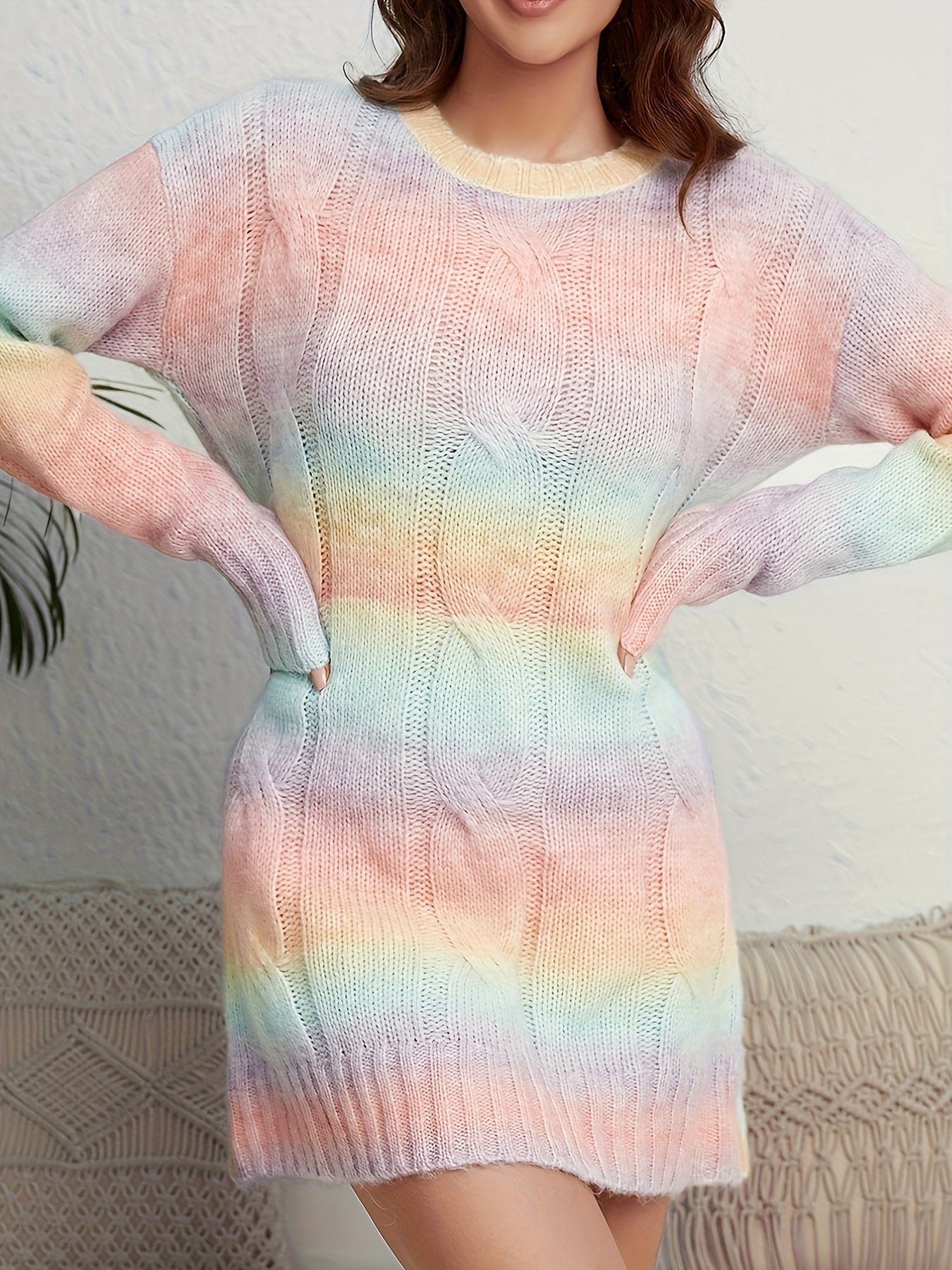 5b41cf0a5facd1b640e7f5e8276ef112-1 Gradient Color Cable Knit Sweater, Casual Long Sleeve Top For Fall & Winter, Women's Clothing