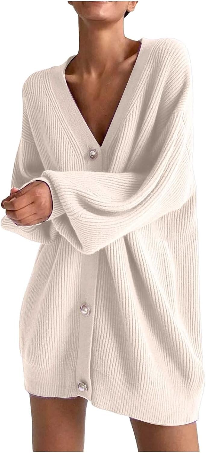 6157Jy8fp0L._AC_SL1500 Womens Oversized Sweater Cardigan Fashion Solid Color Knitwear Long Sleeves Pearl Buttons Knit Coat Blouse Tops