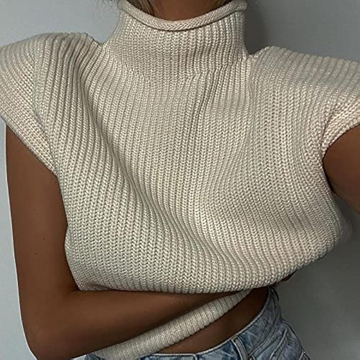 Women's Sleeveless Turtleneck Sweater Vest Shoulder Pad Knitted Tank Top Casual Solid Pullover Tops Knitwear