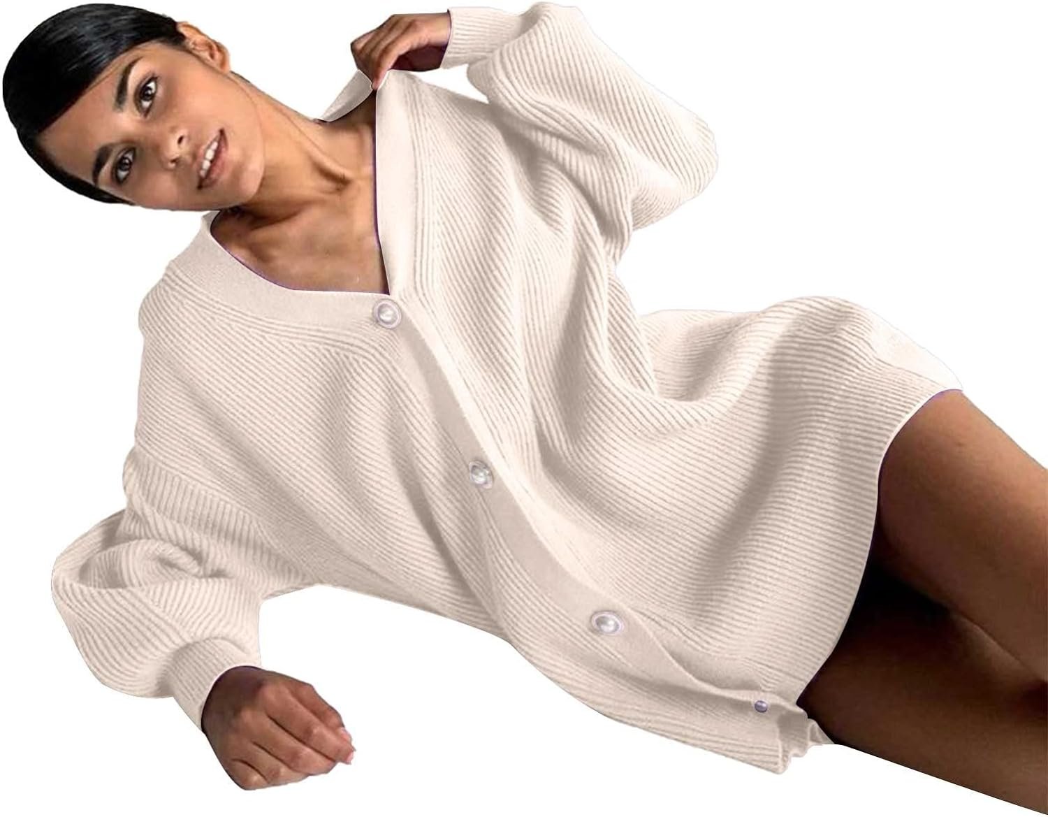 Womens Oversized Sweater Cardigan Fashion Solid Color Knitwear Long Sleeves Pearl Buttons Knit Coat Blouse Tops