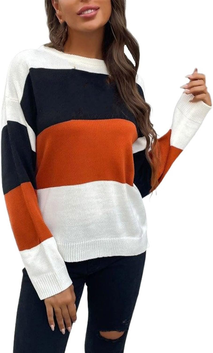 Womens Color Block Sweaters Long Sleeve Crewneck Pullover Knit Jumper Tops Fashion Casual Striped Knitwear Sweater