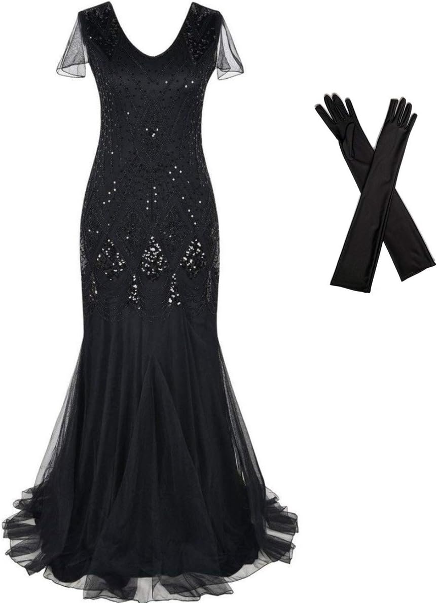 Women Evening Dress 1920s Flapper Cocktail Mermaid Plus Size Formal Gown with Long Gloves