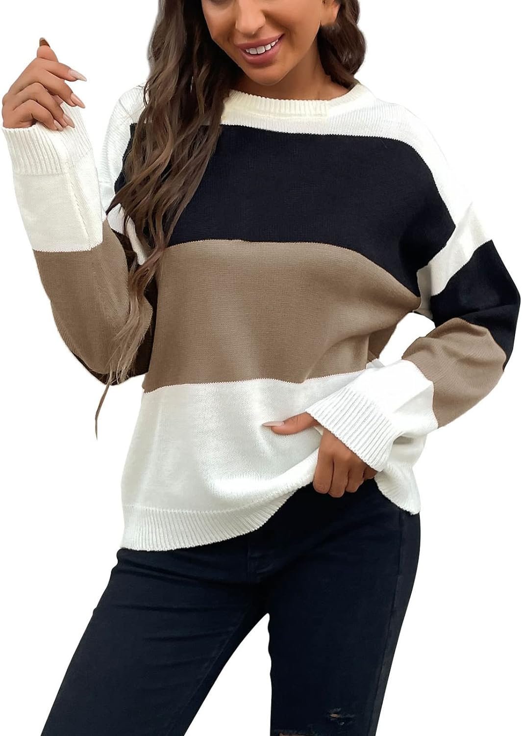 61KrBeEJZ9L._AC_SL1500 Womens Color Block Sweaters Long Sleeve Crewneck Pullover Knit Jumper Tops Fashion Casual Striped Knitwear Sweater