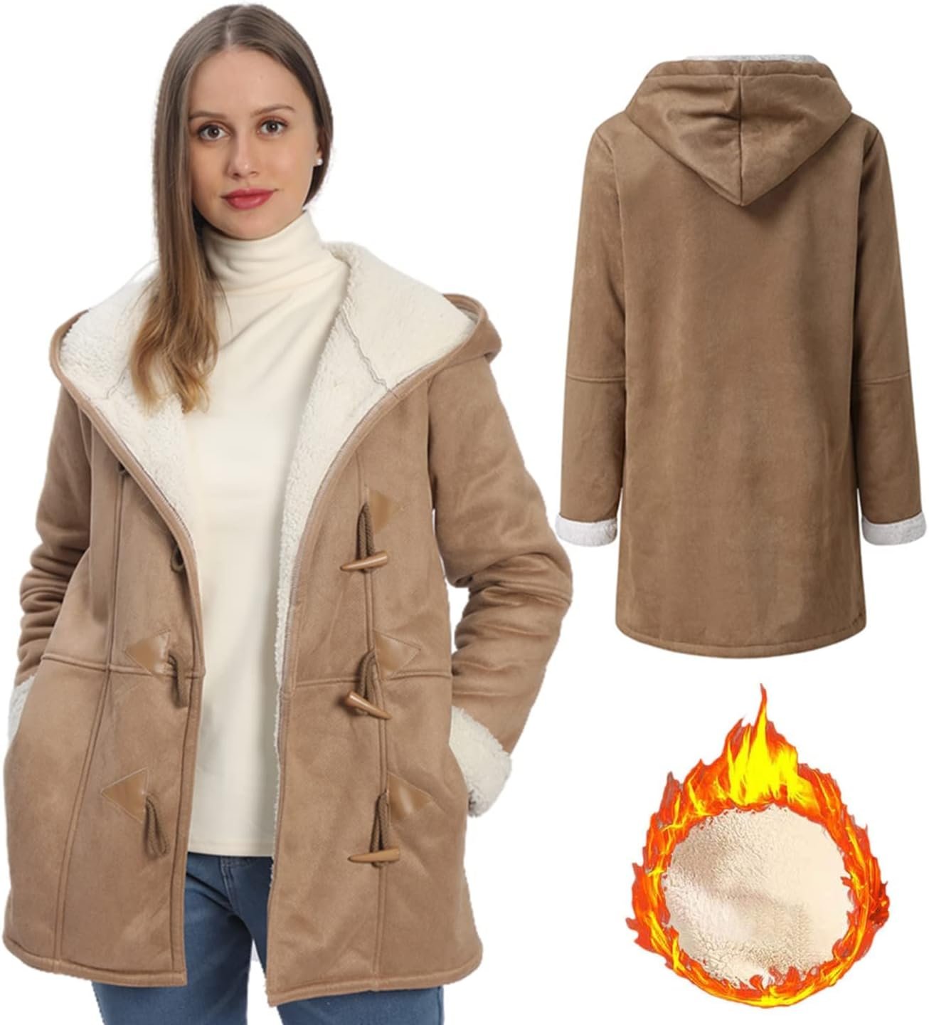 61KvqUfDfjL._AC_SL1500 Windproof Sherpa Lined Outerwear for Women Winter, Fashion Fleece Hooded Overcoat with Pockets, Warm and Thicken Parka Jacket