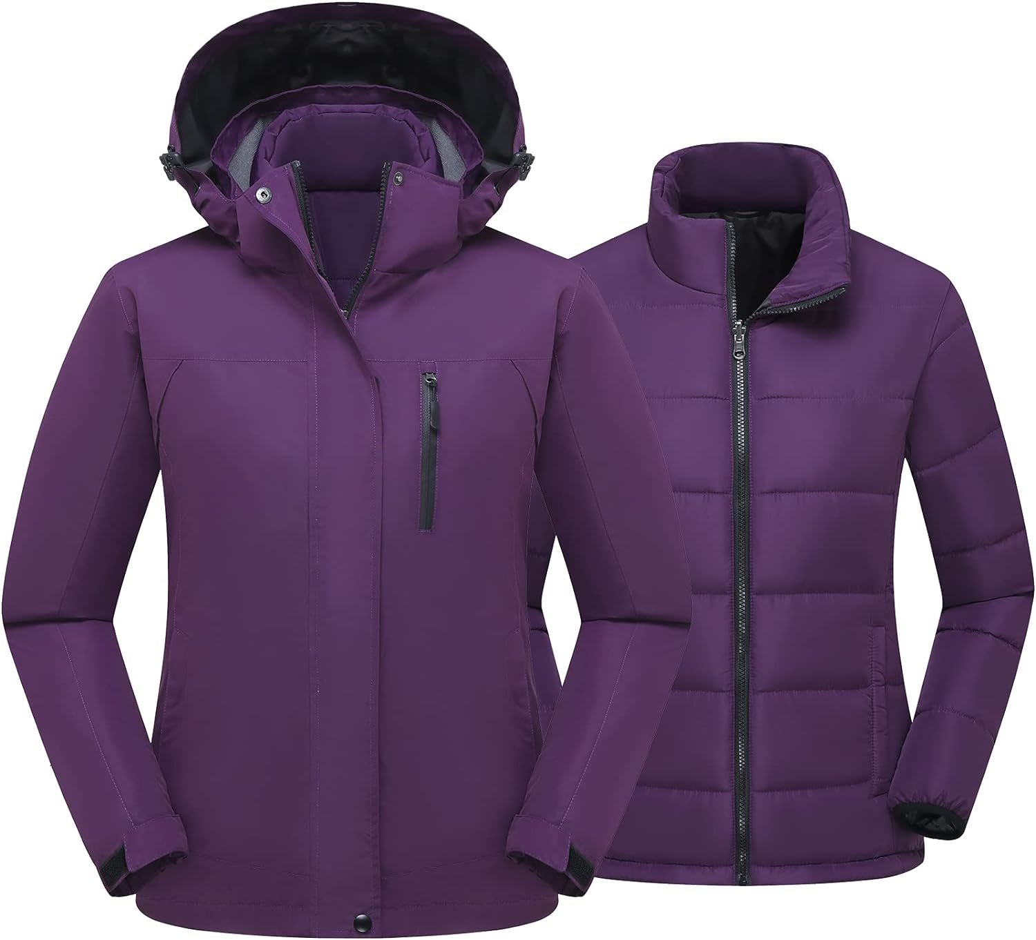 Women's 3 in 1 Ski Jacket Mountain Waterproof Windproof Winter Snow Coat Hike Snowboarding Jackets Hooded Warm Raincoat