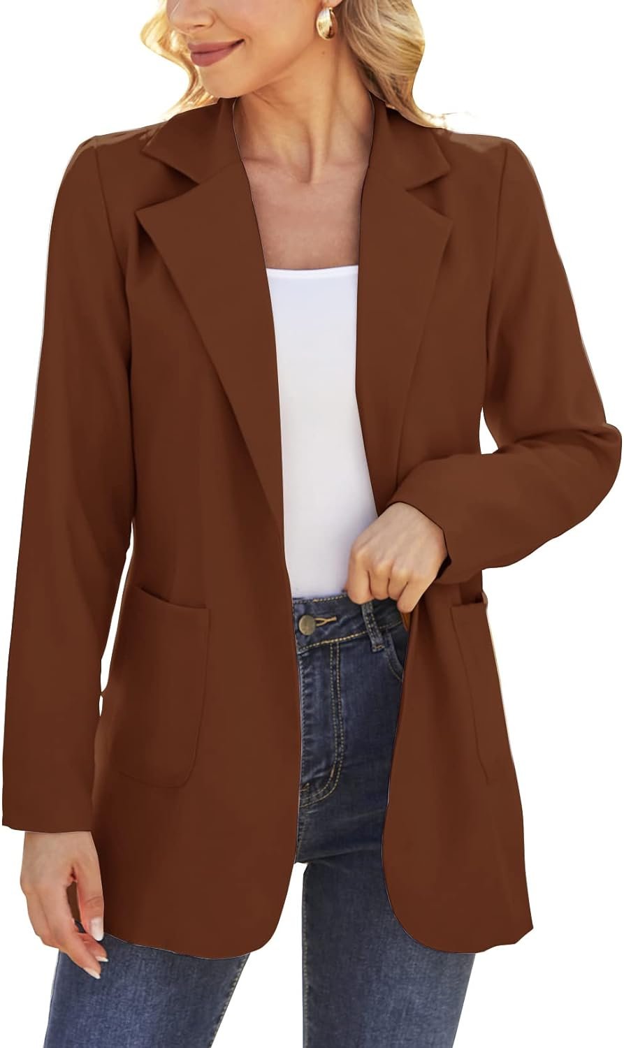 Women Open Front Blazers Long Sleeve Casual OL Office Slim Buttonless Suit Jacket with Pockets