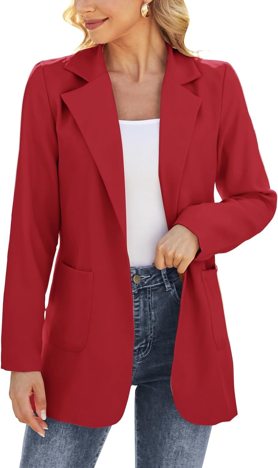 Women Open Front Blazers Long Sleeve Casual OL Office Slim Buttonless Suit Jacket with Pockets