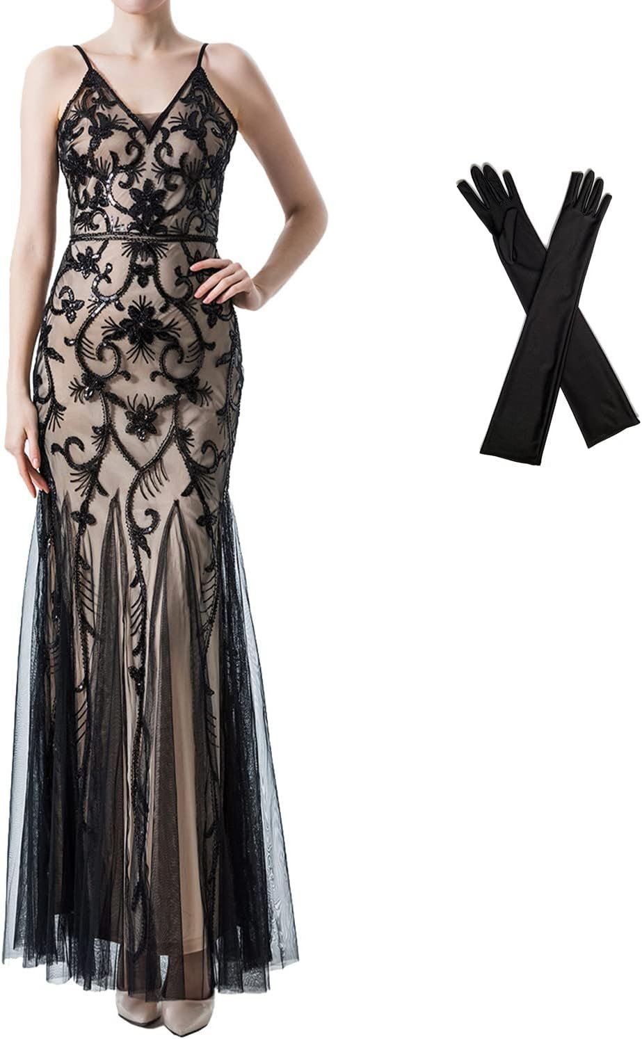 Women Evening Dress 1920s Flapper Cocktail Mermaid Plus Size Formal Gown with Long Gloves
