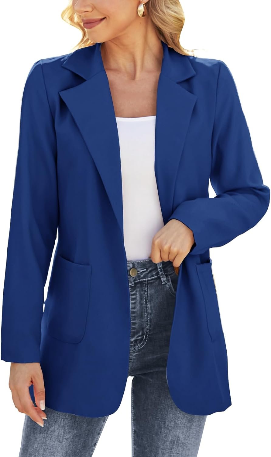 Women Open Front Blazers Long Sleeve Casual OL Office Slim Buttonless Suit Jacket with Pockets