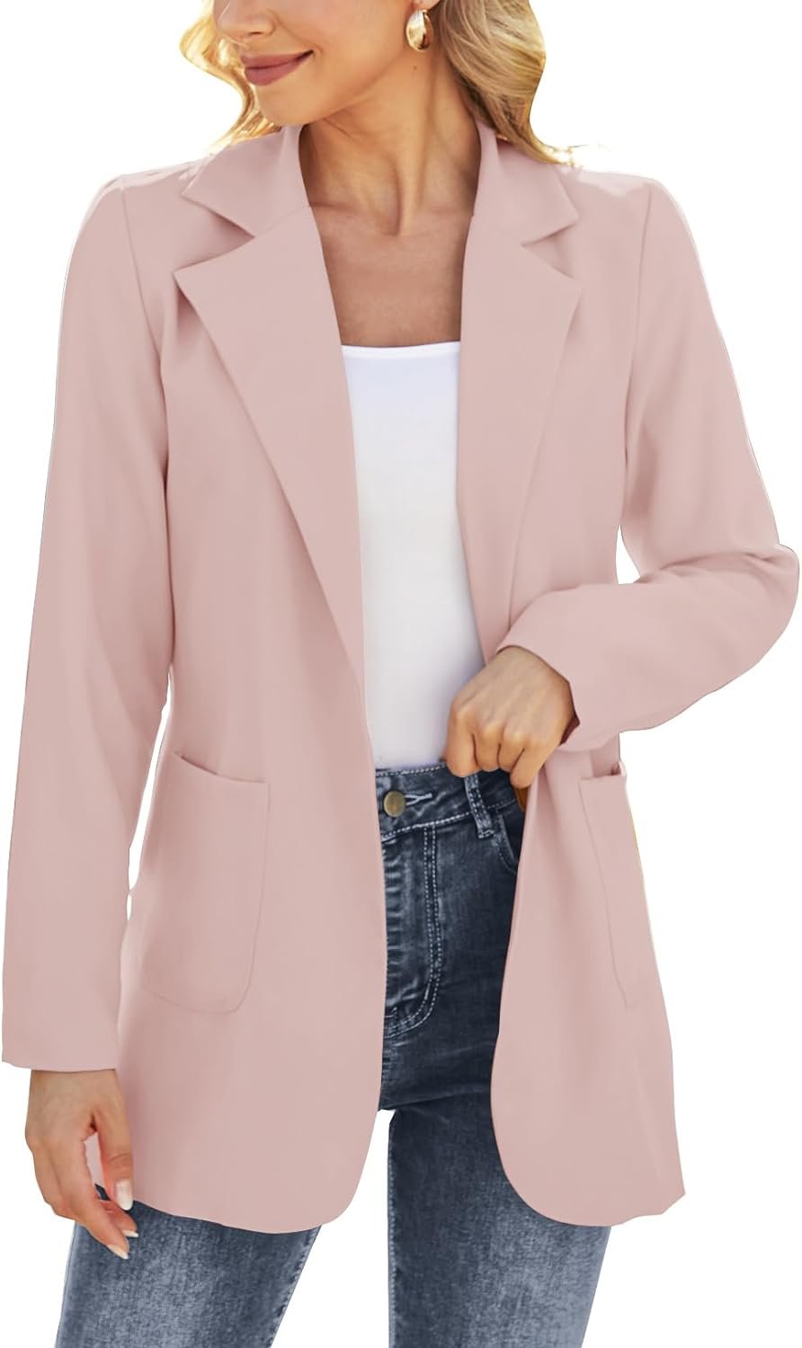 Women Open Front Blazers Long Sleeve Casual OL Office Slim Buttonless Suit Jacket with Pockets