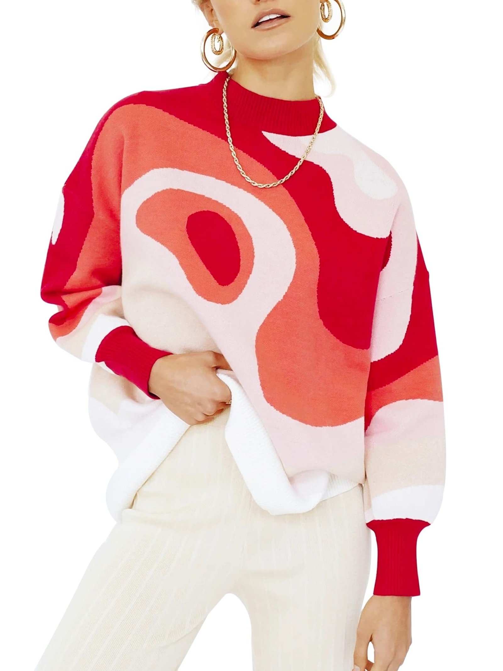 65b05d16163dd4b727440d39b0c9a7aa-1 Plus Size Casual Sweater, Women's Plus Abstract Print Long Sleeve Mock Neck Medium Stretch Pullover Jumper