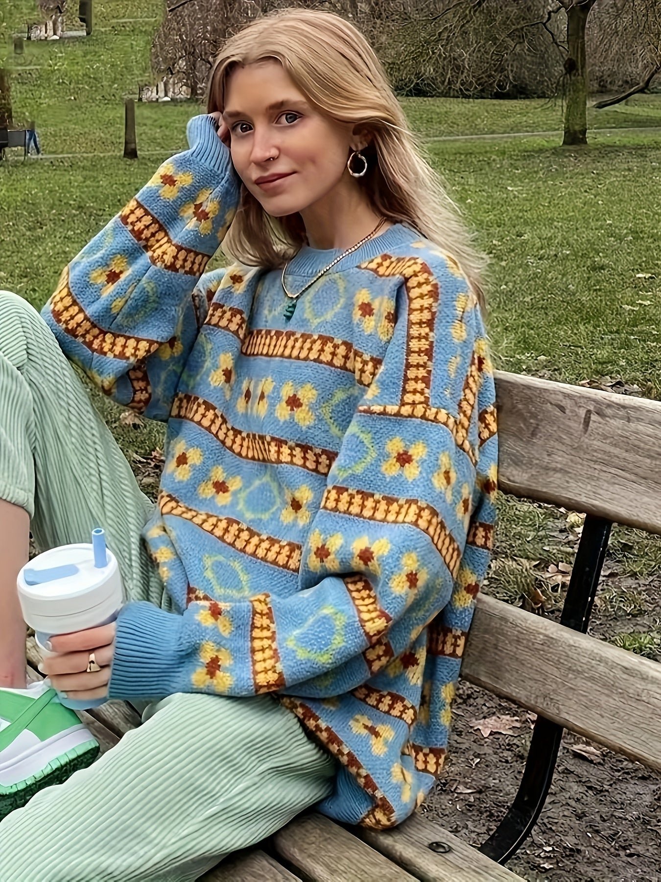 6d5c01727c23e5a6d52c53e4a3168d87-1 Plus Size Casual Sweater, Women's Plus Colorblock Floral Print Long Sleeve Round Neck Jumper