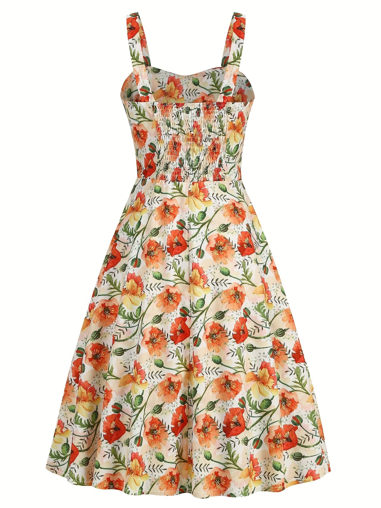Floral Print Wide Strap Dress, Vacation Style Sleeveless Ruched Bust A-line Dress For Spring & Summer, Women's Clothing