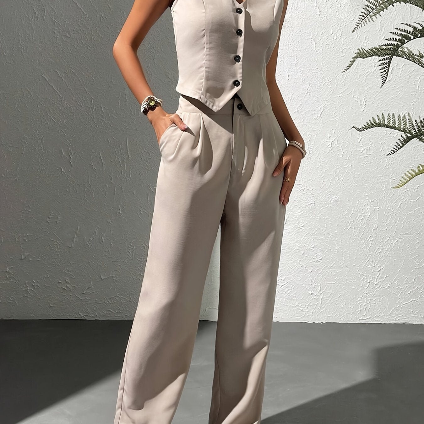 Elegant Solid Color Pants Set, Single Breasted V Neck Vest & Pocket Pants Outfits, Women's Clothing
