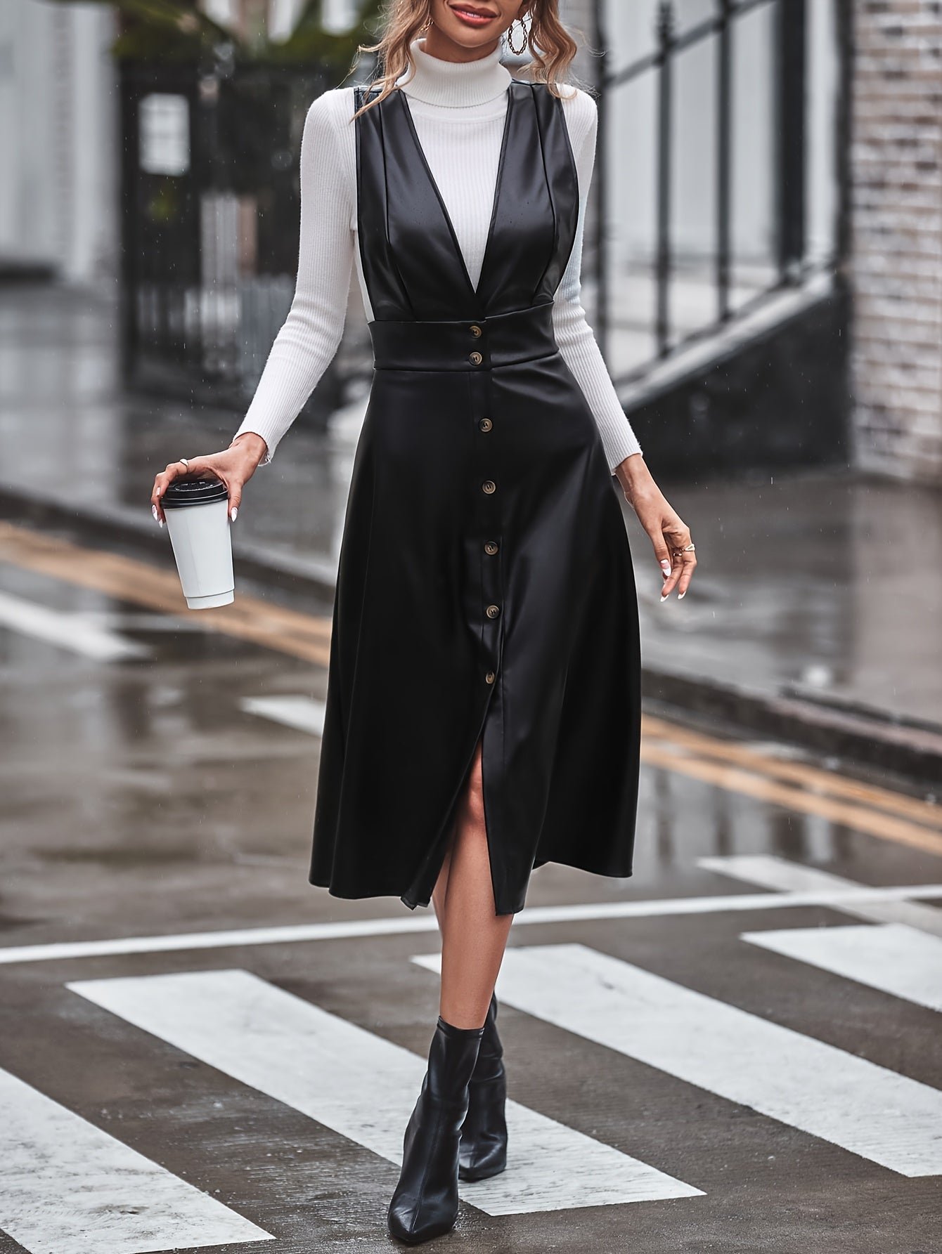 6fbf268a12bfcd4f1d71fdf6586065d5-1 Faux Leather Button Decor Dress, Stylish Plunge Neck A-line Dress, Women's Clothing