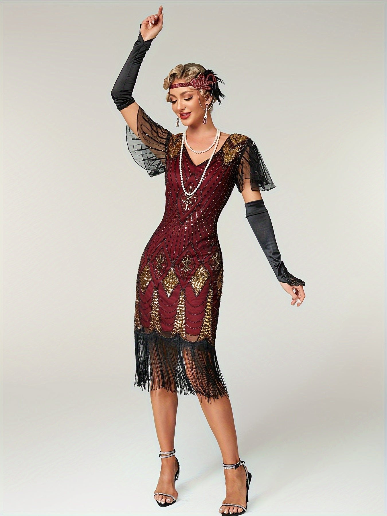 705ca182-0587-430e-a43d-84cec16a60b6-1 Sequin V Neck Dress, Elegant Fringe Hem Dress For Party & Club, Women's Clothing Wedding/Evening dress/Occasion/Engagement/Ceremony