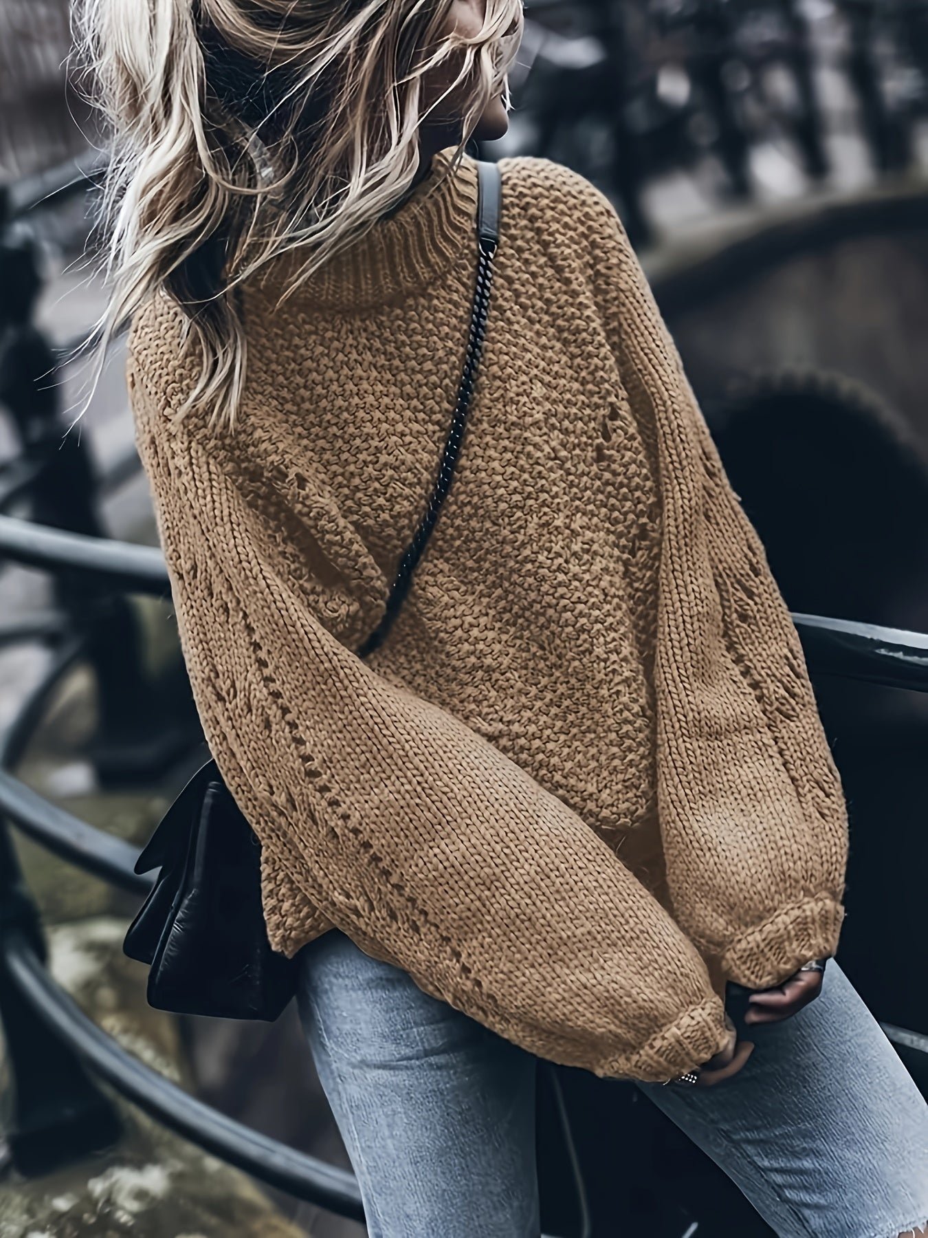 Solid Color Mock Neck Loose Sweater, Elegant Drop Shoulder Simple Knitted Top For Fall & Winter, Women's Clothing