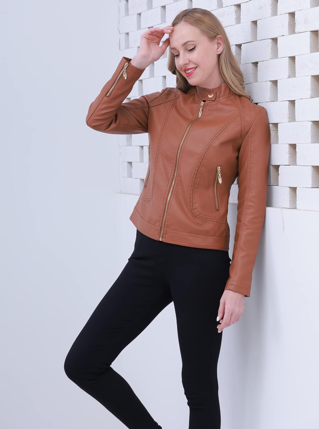 71A-zjxvJCL._AC_SL1500 Women's Trendy Faux Leather Jacket Moto Short Jacket Fashion PU Jacket Coat