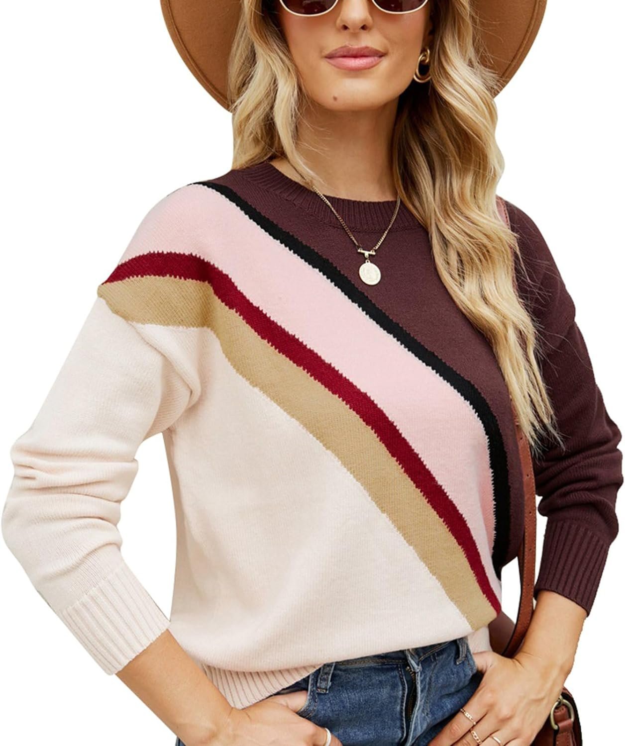 71Ag4IateaL._AC_SL1500 Women Crewneck Knitwear Fashion Colorblock Casual Sweater Loose Fit Pullover Knitwear Warm Soft Fabric Long Sleeve Sweater (Blue)