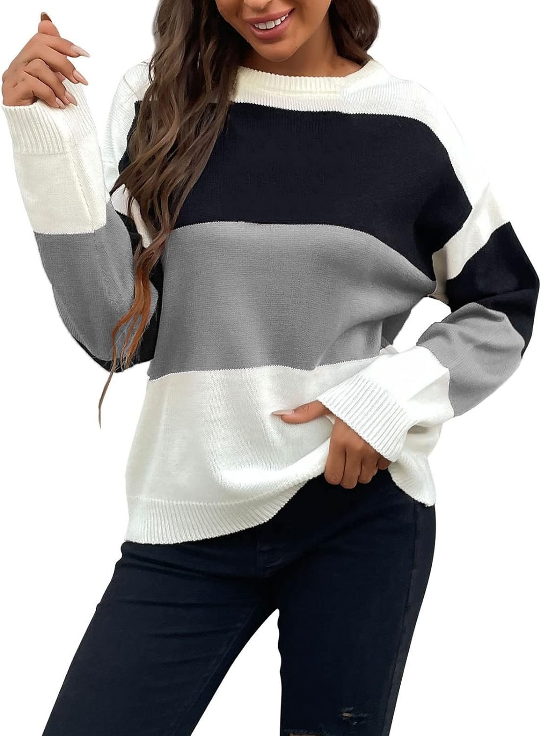 Womens Color Block Sweaters Long Sleeve Crewneck Pullover Knit Jumper Tops Fashion Casual Striped Knitwear Sweater