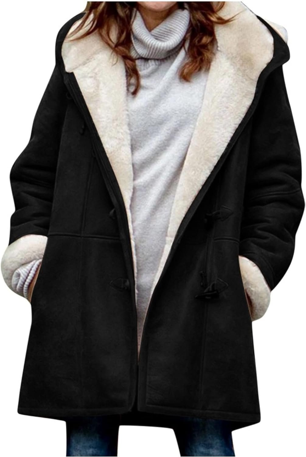 71I1k2qJBML._AC_SL1500 Windproof Sherpa Lined Outerwear for Women Winter, Fashion Fleece Hooded Overcoat with Pockets, Warm and Thicken Parka Jacket