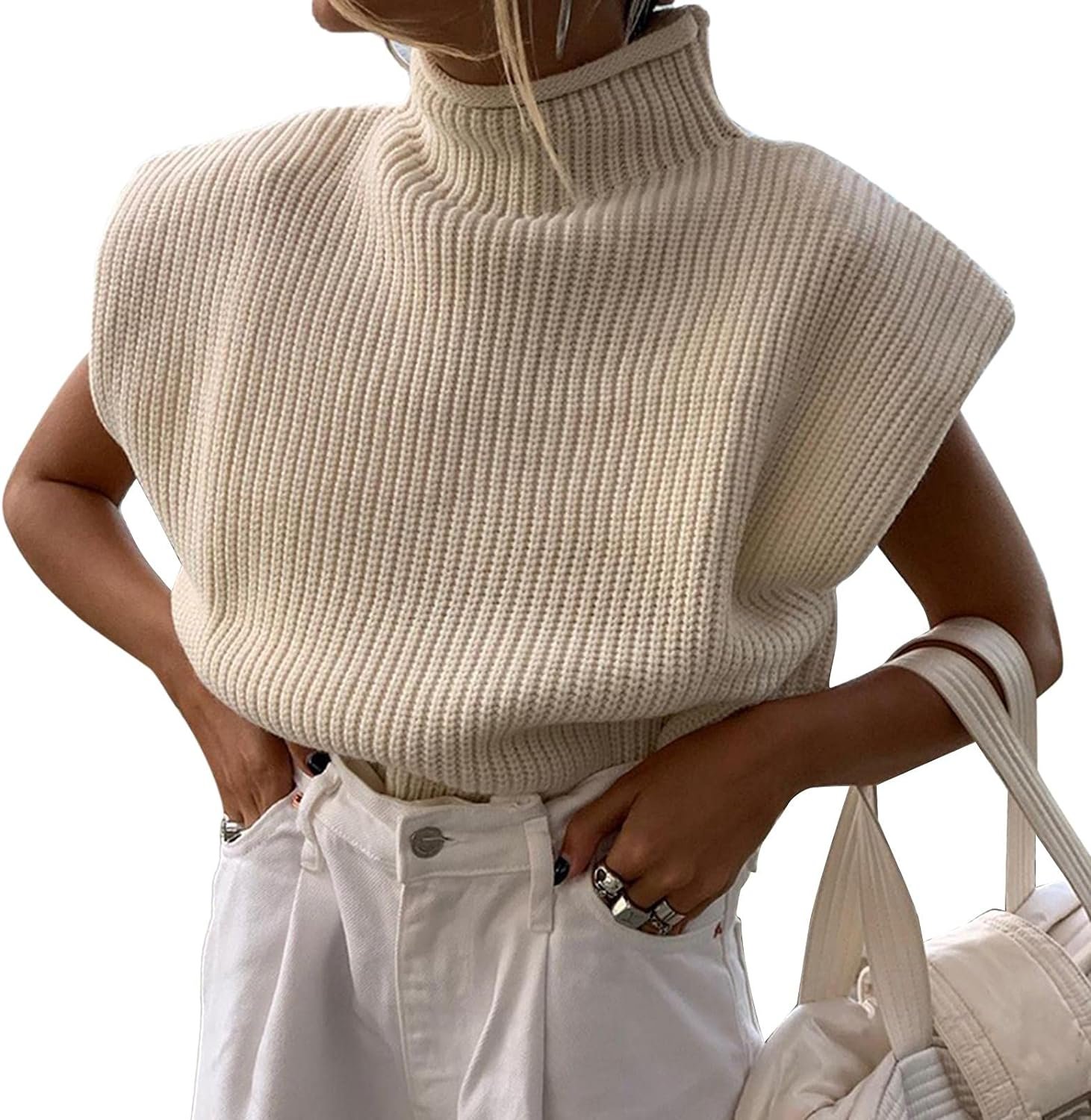 71INq7eNynL._AC_SL1500 Women's Sleeveless Turtleneck Sweater Vest Shoulder Pad Knitted Tank Top Casual Solid Pullover Tops Knitwear