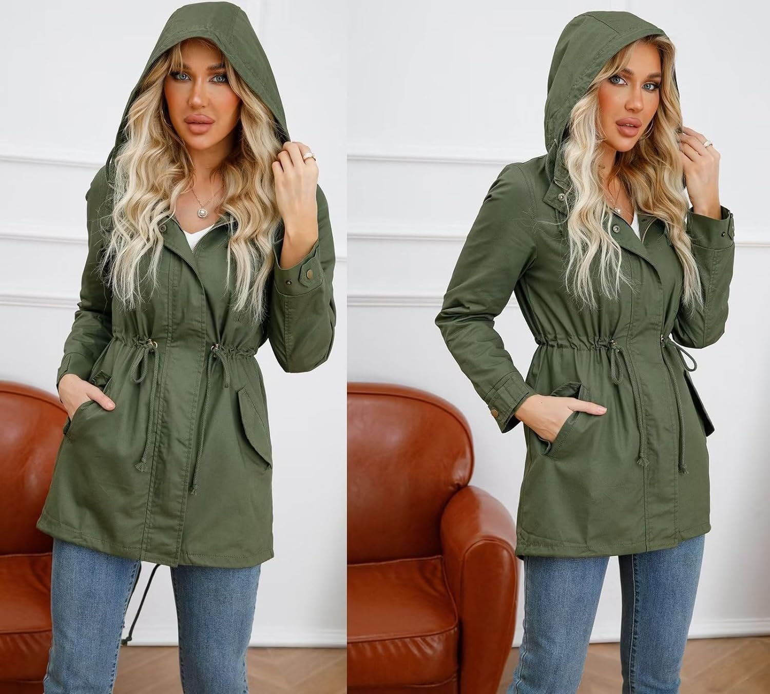 71LkcJP9UbL._AC_SL1500 Women's Ligtweight Jackets Anorak Utility Drawstring Waist Hoodie Zip Up Fall Casual Coat with Pockets