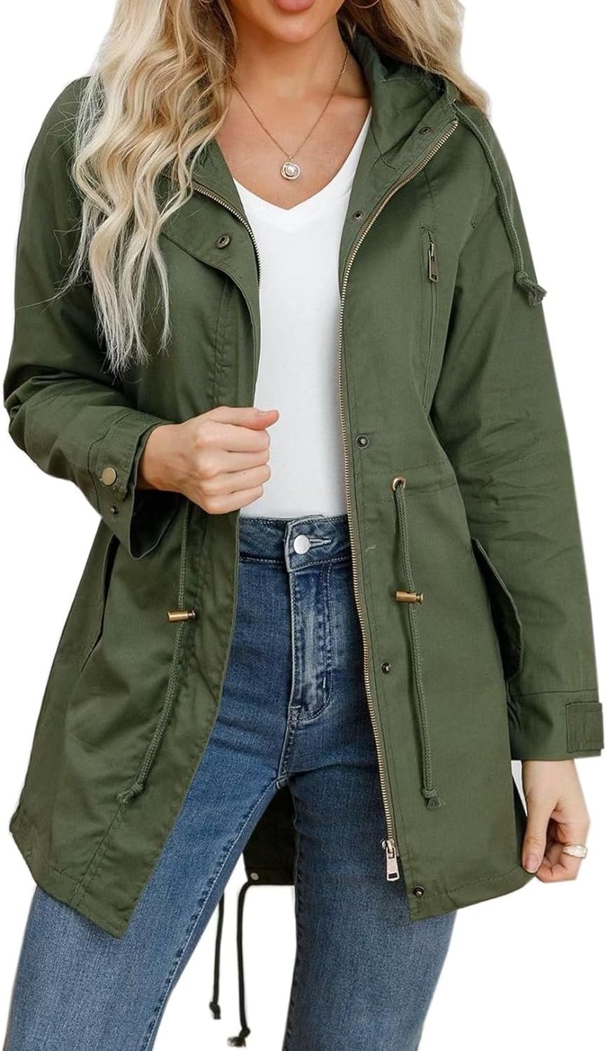 71pjjdScUcL._AC_SL1500 Women's Ligtweight Jackets Anorak Utility Drawstring Waist Hoodie Zip Up Fall Casual Coat with Pockets