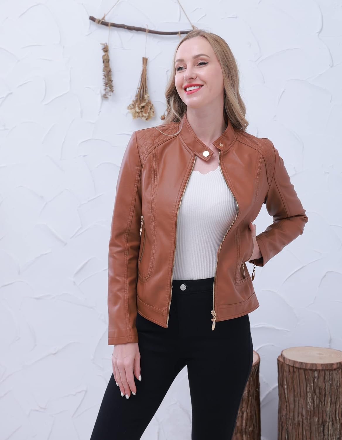 71poXmIrdQL._AC_SL1500 Women's Trendy Faux Leather Jacket Moto Short Jacket Fashion PU Jacket Coat