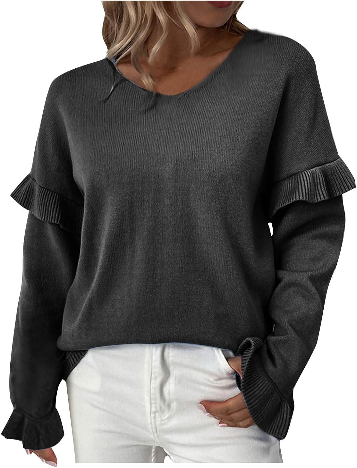 Dademeo Women Sweaters Fall Fashion Knit 2023 V Neck Long Sleeve Tops Casual Trendy Loose Knit Pullover Outwear Knitwear Tops