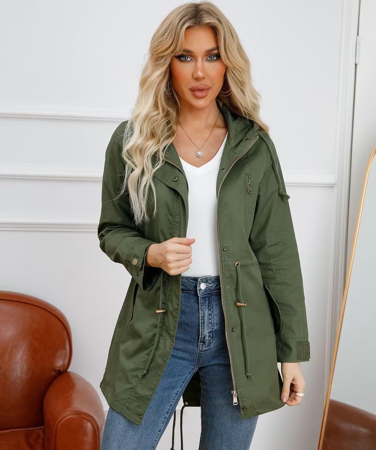 71vh_y7lKwL._AC_SL1500 Women's Ligtweight Jackets Anorak Utility Drawstring Waist Hoodie Zip Up Fall Casual Coat with Pockets