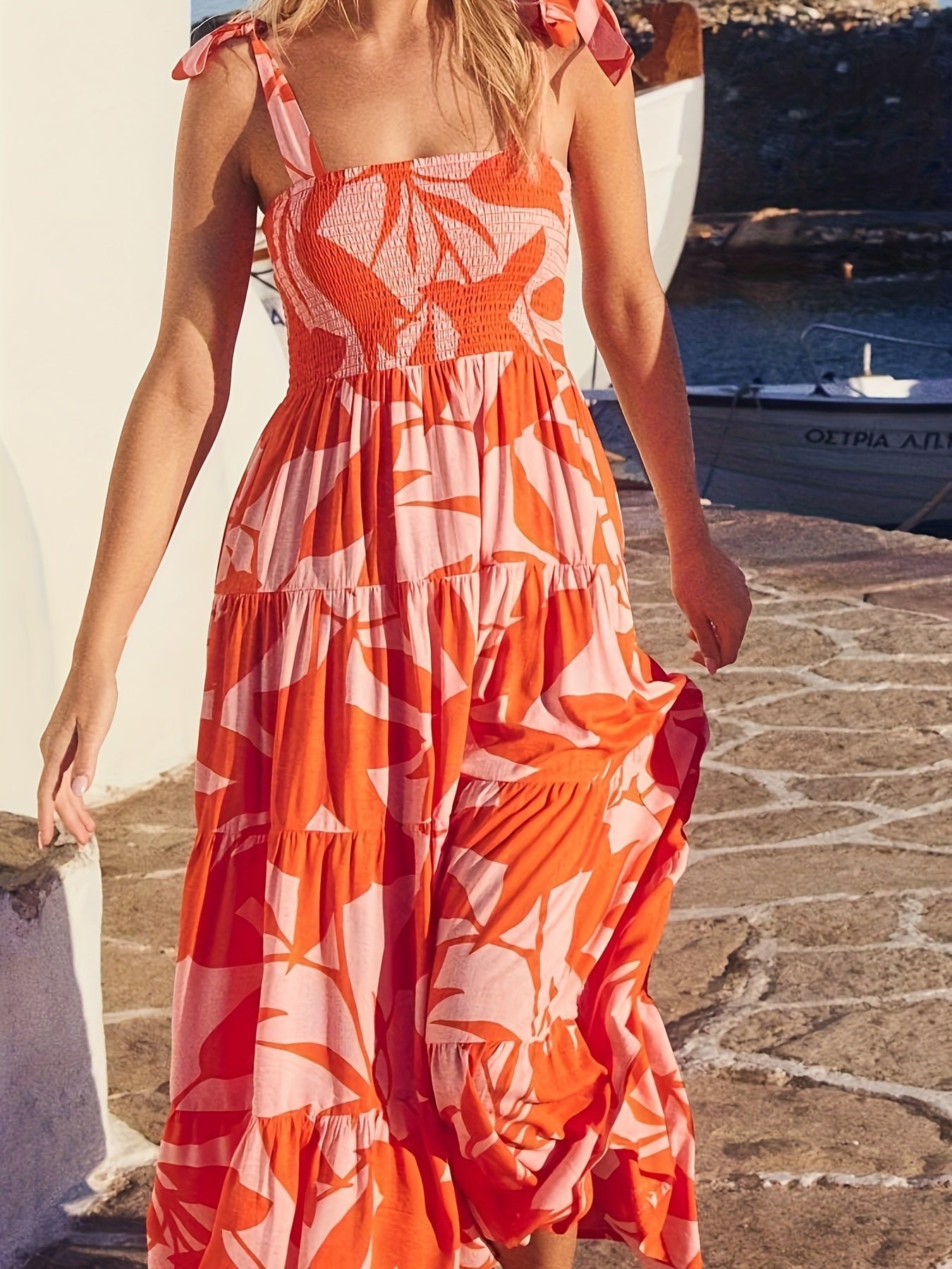 738357ac-7885-49a5-a874-6f4805d6627d-1 Shirred Tie Shoulder Ruffle Hem Dress, Vacation Sleeveless Cami Dress For Spring & Summer, Women's Clothing