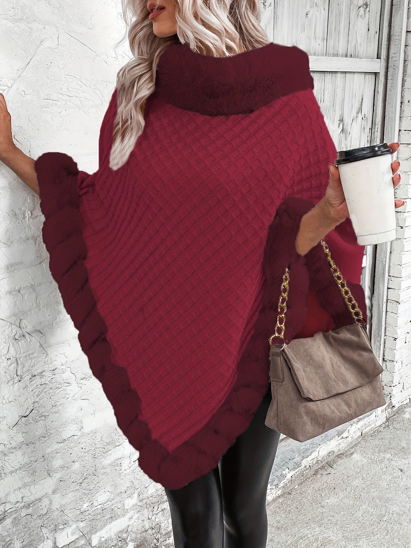 Fur-Trim Hanky Hem Pullover Sweater, Elegant Long Sleeve Turtle Neck Sweater For Winter, Women's Clothing