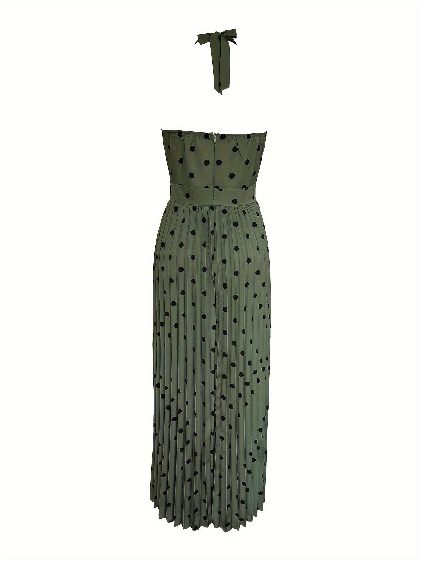 Polka Dot Print Halter Neck Dress, Vacation Style Sleeveless Pleated Maxi Dress For Spring & Summer, Women's Clothing