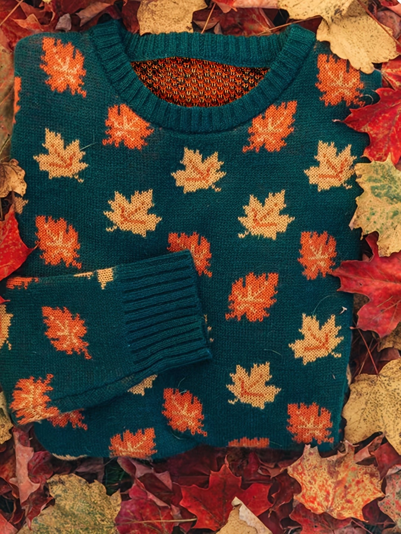 7bb27f59910c722f56b708e2f3ae38d3-1 Maple Leaf Pattern Crew Neck Sweater, Casual Long Sleeve Stylish Pullover Sweater, Women's Clothing