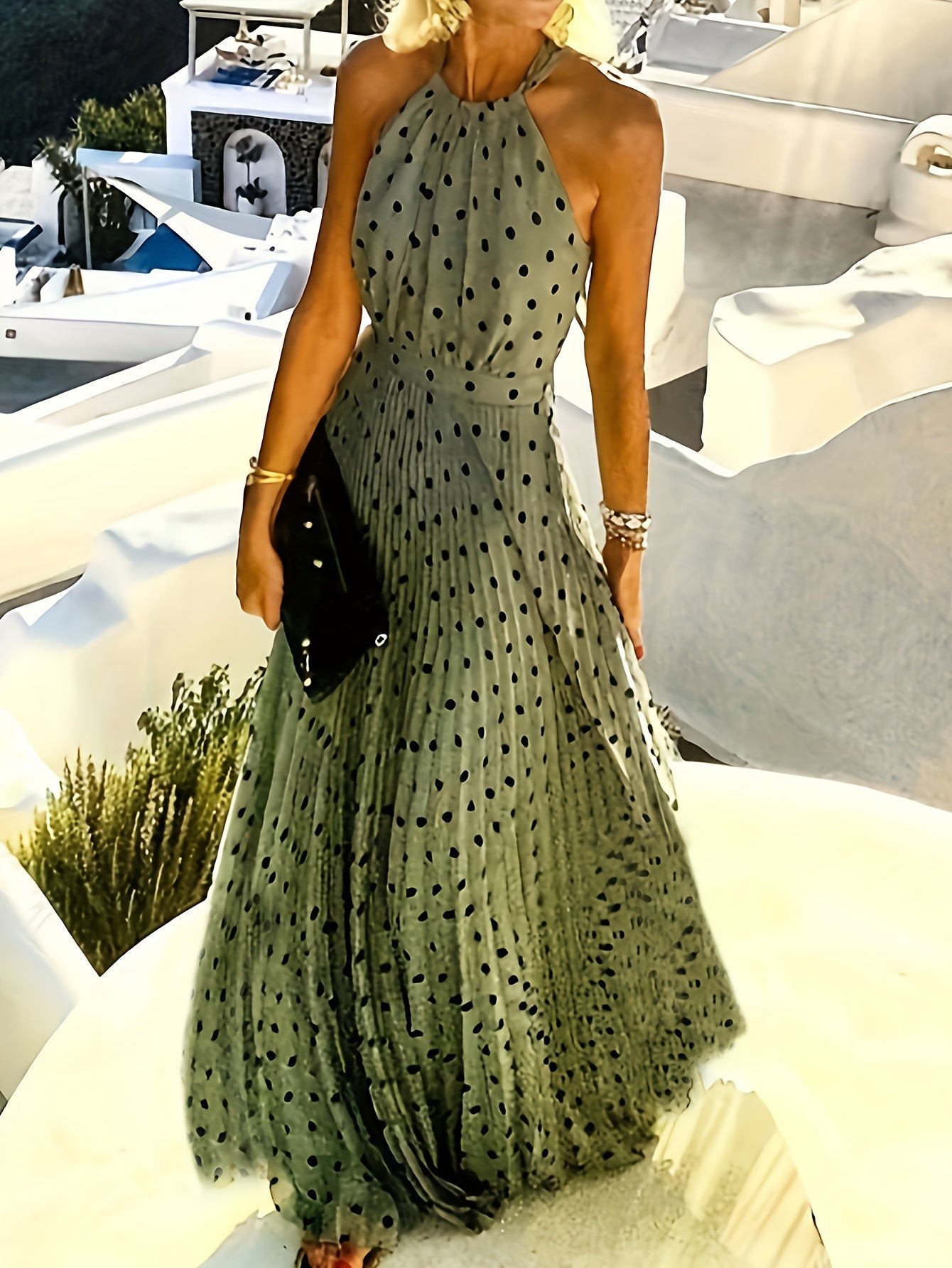 7bf0f1ab-57c7-4719-863b-a78dca2b5b80-1 Polka Dot Print Halter Neck Dress, Vacation Style Sleeveless Pleated Maxi Dress For Spring & Summer, Women's Clothing