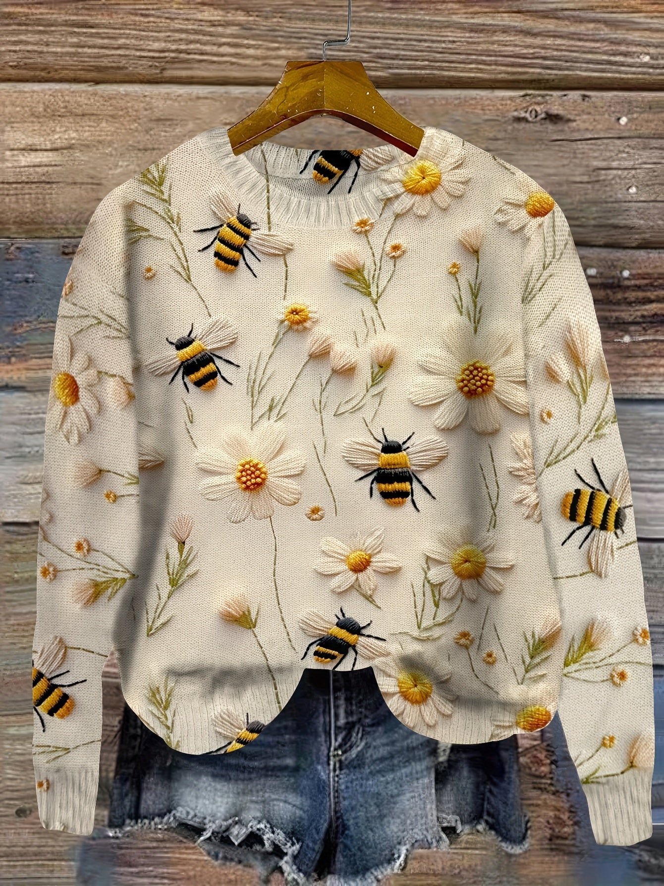 7d620941-4e4b-432c-9497-e190c8c3872d Flower & Bee Pattern Sweater, Versatile Crew Neck Long Sleeve Sweater For Spring & Fall, Women's Clothing