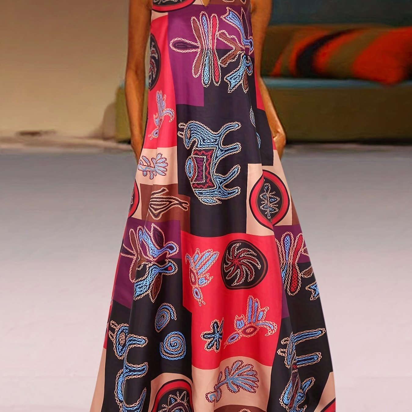 7db814ab79422c7840afd625a881cb81 Ethnic Print V Neck Dress, Vintage Sleeveless Summer Maxi Dress With Pockets, Women's Clothing
