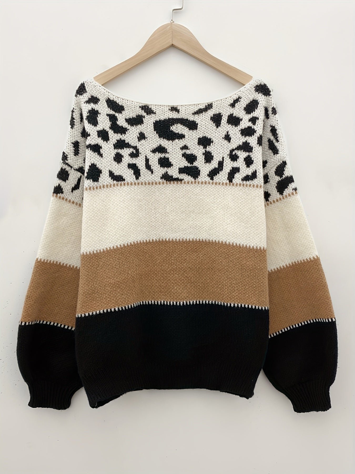 7edd5827cc98564b40282c46738c144c-1 Stylish Color Block Leopard Print Sweater, Crew Neck Long Sleeve Sweater, Casual Tops For Fall & Winter, Women's Clothing