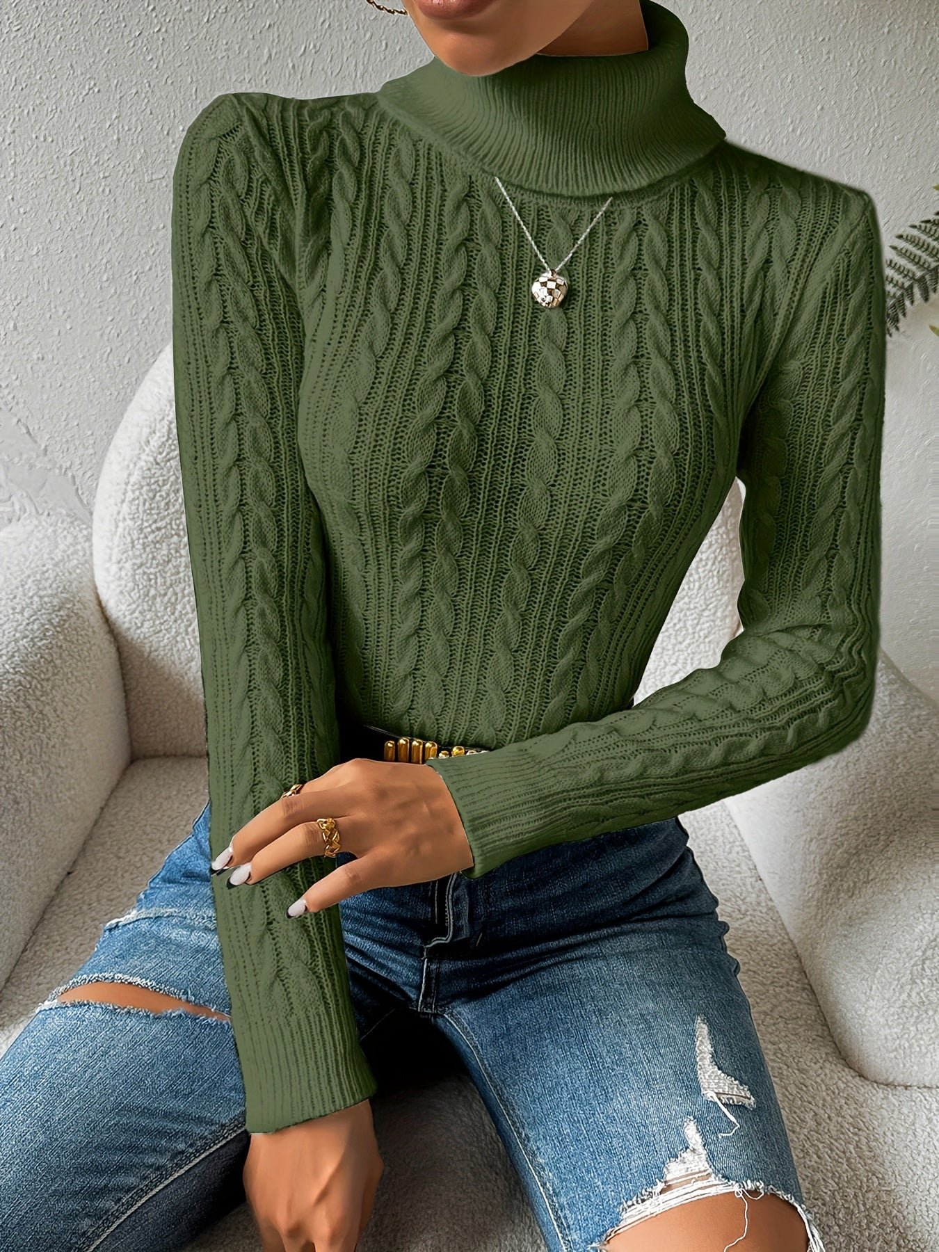 Solid Turtle Neck Cable Knit Sweater, Casual Long Sleeve Slim Sweater, Women's Clothing