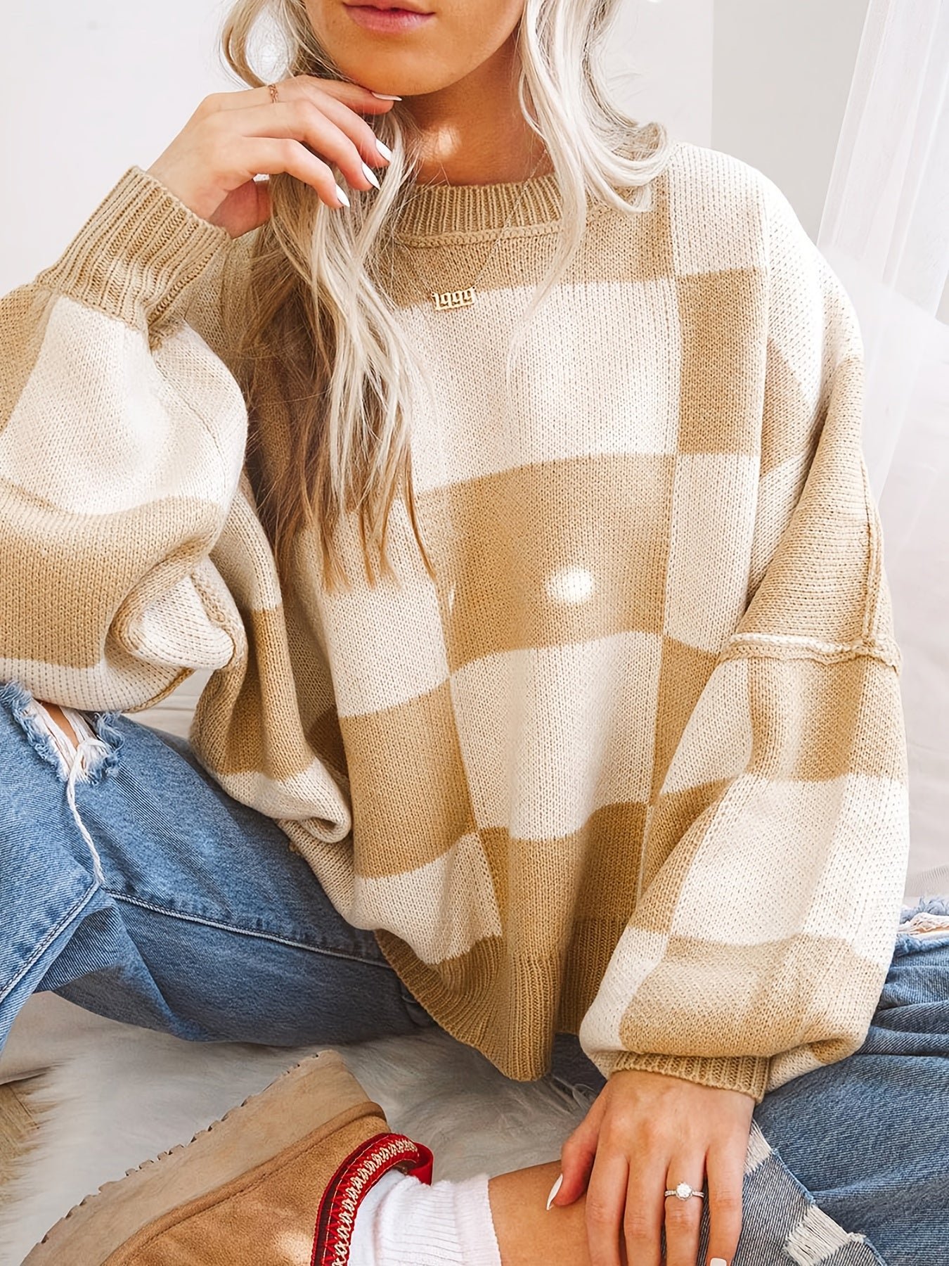 814ca4ee61b7f5878fe1137240e6b2fc_enhanced_2e177e41_2023_08_02_06_55_02-1 Plaid Pattern Knit Sweater, Casual Long Sleeve Drop Shoulder Pullover Sweater, Women's Clothing