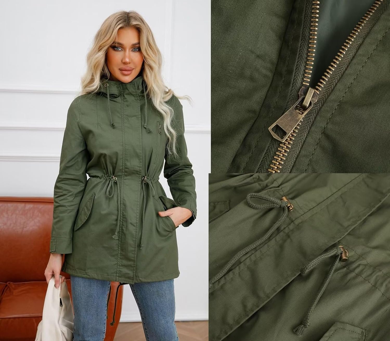 81jPwbhbwpL._AC_SL1500 Women's Ligtweight Jackets Anorak Utility Drawstring Waist Hoodie Zip Up Fall Casual Coat with Pockets